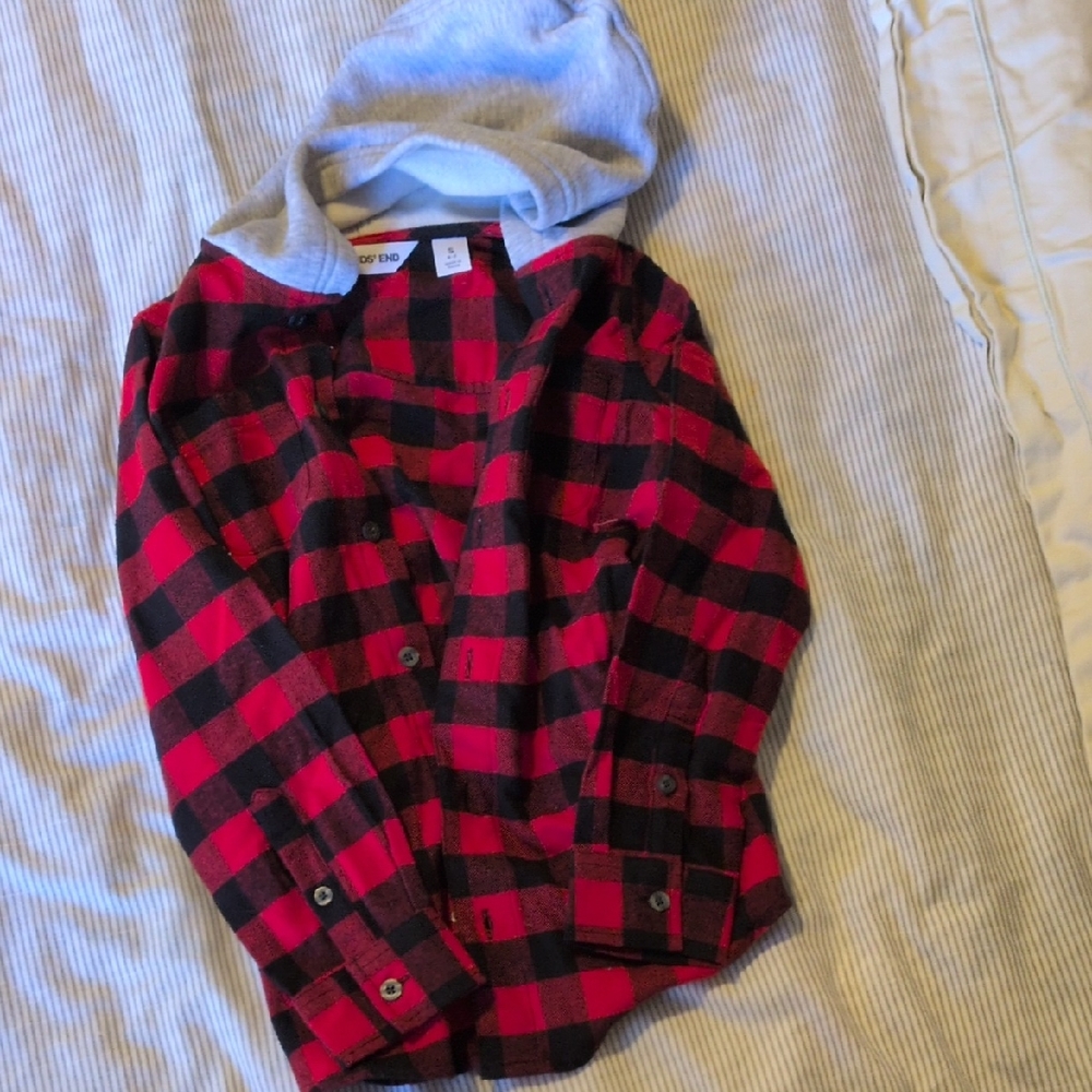 Lands' End Red and Black Buffalo Plaid Hooded Button-Front Shirt